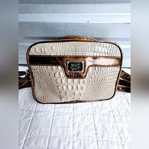 M.C. Brown and Taupe Croc Embossed Organizer Crossbody Bag
